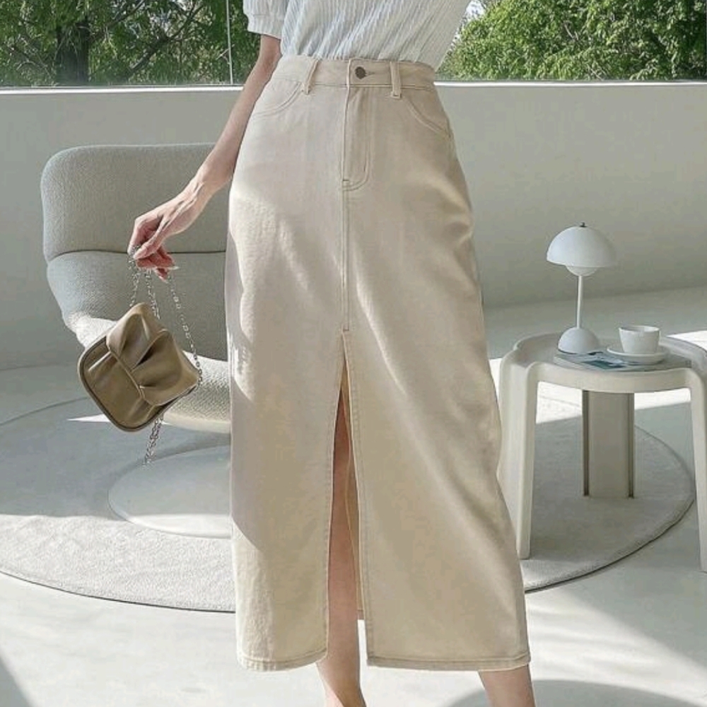 Cream Ivory Denim Skirt Long Front Split